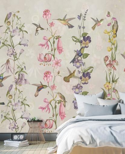 papel pintado de flores y pájaros pastel