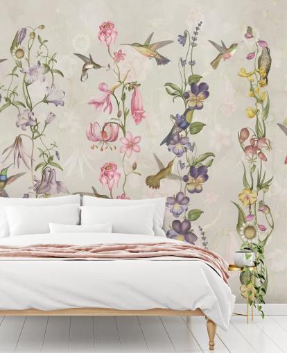 papier peint fleurs et oiseaux pastel