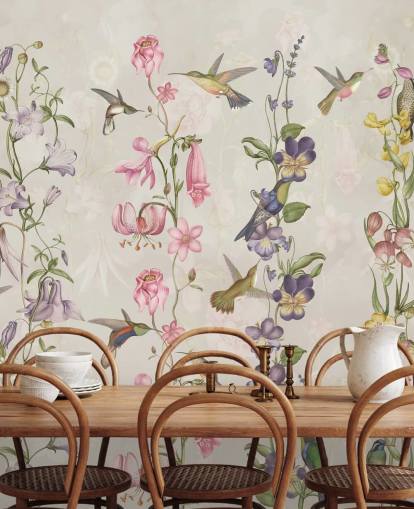 pastellblommor och fåglar tapeter