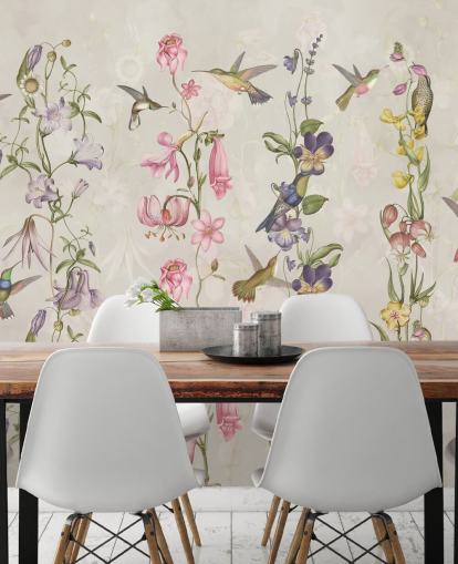 papier peint fleurs et oiseaux pastel