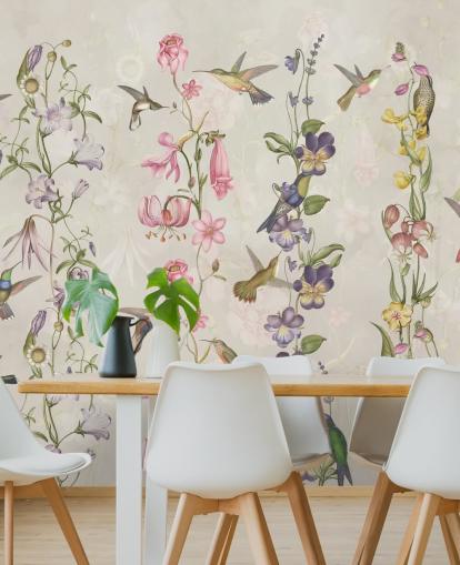 pastell blomster og fugler tapet