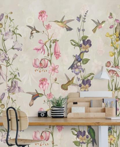 pastel blomster og fugle tapet