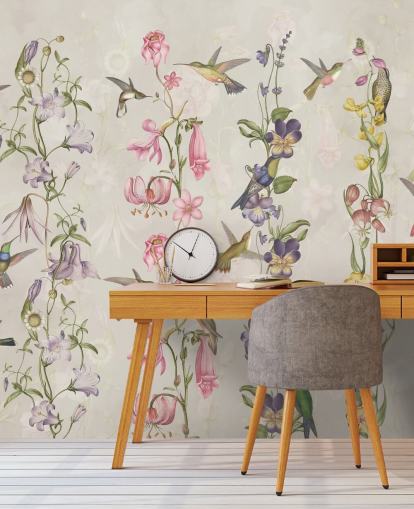 pastel bloemen en vogels behang