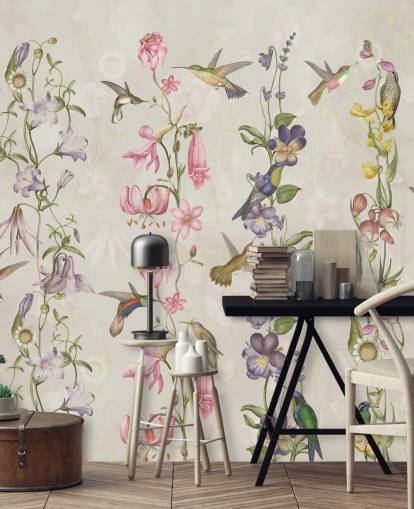 pastel bloemen en vogels behang