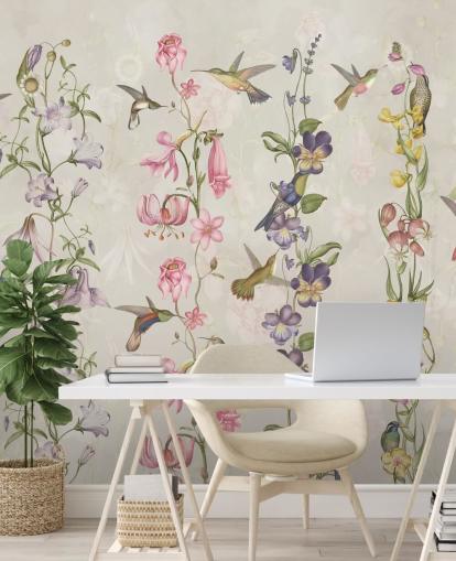 papel pintado de flores y pájaros pastel