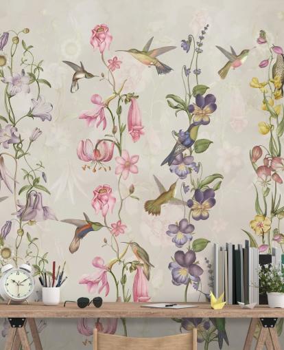 pastell blomster og fugler tapet