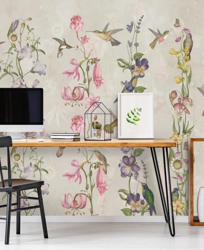 papier peint fleurs et oiseaux pastel
