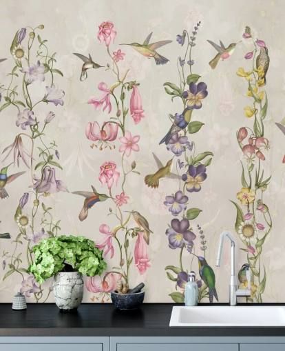 papier peint fleurs et oiseaux pastel
