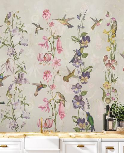 papel de parede de flores e pássaros pastel