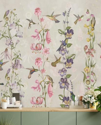 papel pintado de flores y pájaros pastel