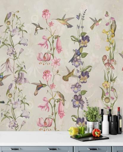 papel pintado de flores y pájaros pastel