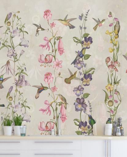 papier peint fleurs et oiseaux pastel
