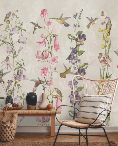 pastellblommor och fåglar tapeter