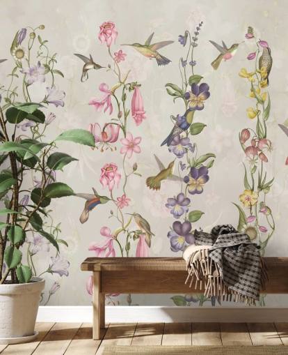 pastellblommor och fåglar tapeter