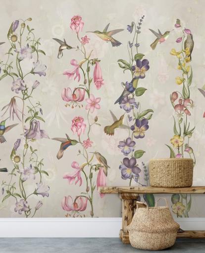 pastel bloemen en vogels behang