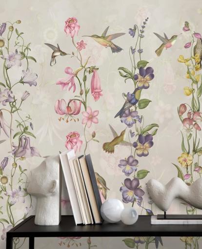 pastellblommor och fåglar tapeter