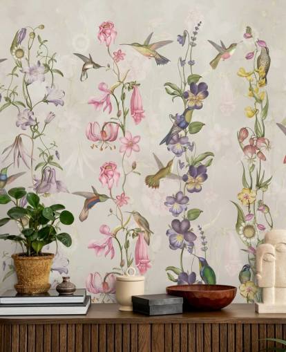 papel pintado de flores y pájaros pastel