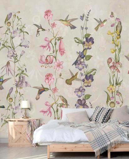 pastel flowers and birds wallpaper