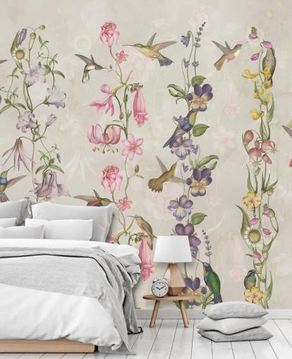pastel flowers and birds wallpaper