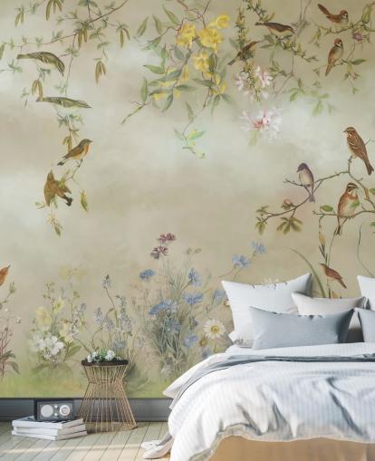 beige and light green floral wallpaper mural called Meadow by Marina Stupakova for bedrooms