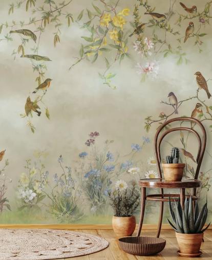 beige og lysegrøn blomstertapet vægmaleri kaldet Meadow af Marina Stupakova til soveværelser