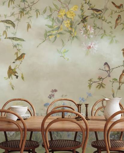 beige and light green floral wallpaper mural called Meadow by Marina Stupakova for bedrooms