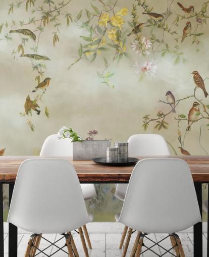 beige and light green floral wallpaper mural called Meadow by Marina Stupakova for bedrooms