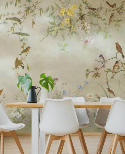 mural de papel pintado floral beige y verde claro llamado Meadow de Marina Stupakova para dormitorios