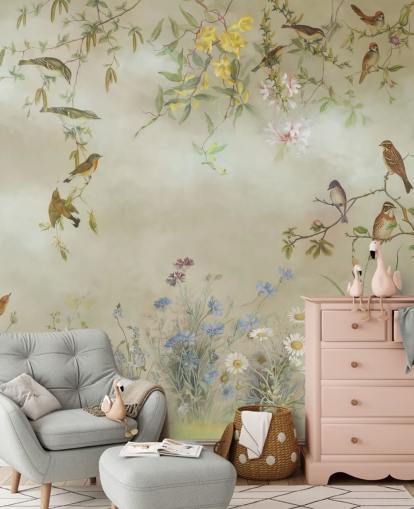 beigefarbene und hellgrüne Blumentapete namens Meadow von Marina Stupakova für Schlafzimmer