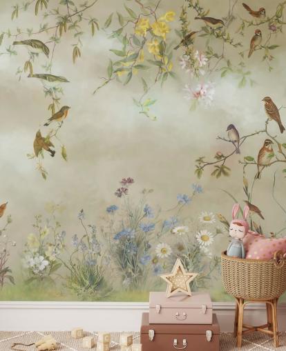 mural de papel pintado floral beige y verde claro llamado Meadow de Marina Stupakova para dormitorios mural de papel pintado floral beige y verde claro llamado Meadow de Marina Stupakova para dormitorios