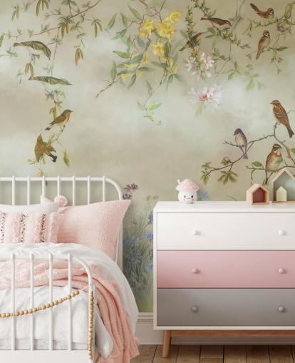 carta da parati murale floreale beige e verde chiaro chiamata Meadow di Marina Stupakova per camere da letto