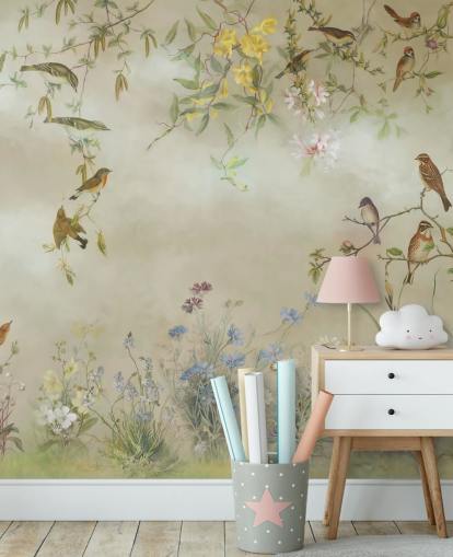 beige and light green floral wallpaper mural called Meadow by Marina Stupakova for bedrooms