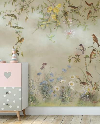 beige och ljusgrön blommig tapetväggmålning kallad Meadow av Marina Stupakova för sovrum beige och ljusgrön blommig tapetväggmålning kallad Meadow av Marina Stupakova för sovrum