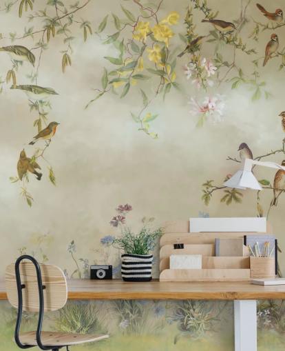 mural de papel pintado floral beige y verde claro llamado Meadow de Marina Stupakova para dormitorios mural de papel pintado floral beige y verde claro llamado Meadow de Marina Stupakova para dormitorios