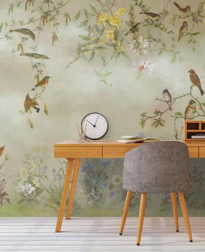beige and light green floral wallpaper mural called Meadow by Marina Stupakova for bedrooms