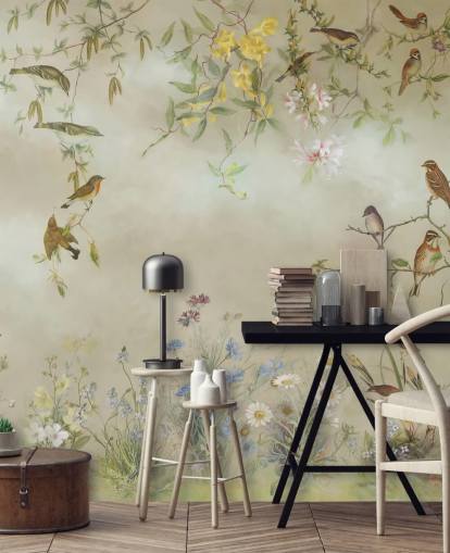 mural de papel de parede floral bege e verde claro chamado Meadow de Marina Stupakova para quartos