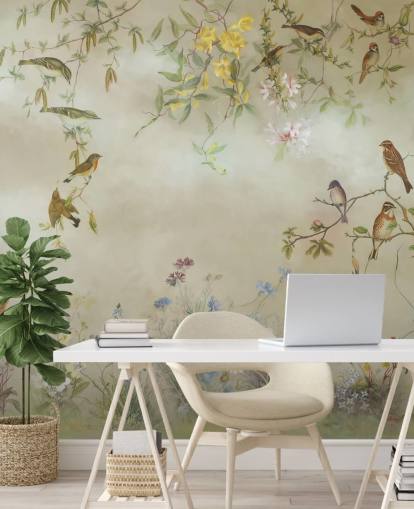 beige and light green floral wallpaper mural called Meadow by Marina Stupakova for bedrooms