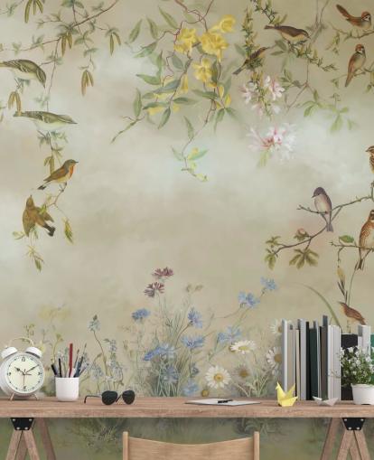 papier peint floral beige et vert clair appelé Meadow de Marina Stupakova pour les chambres