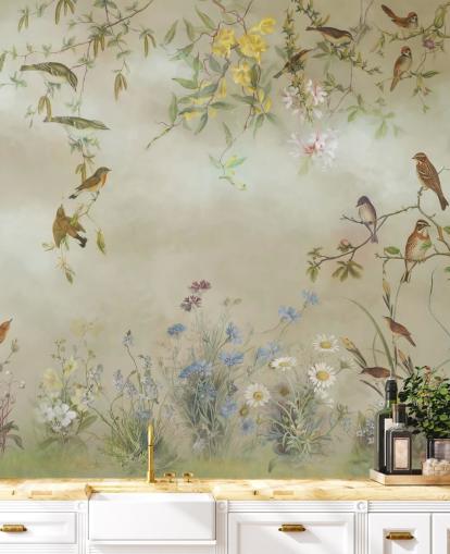 mural de papel de parede floral bege e verde claro chamado Meadow de Marina Stupakova para quartos