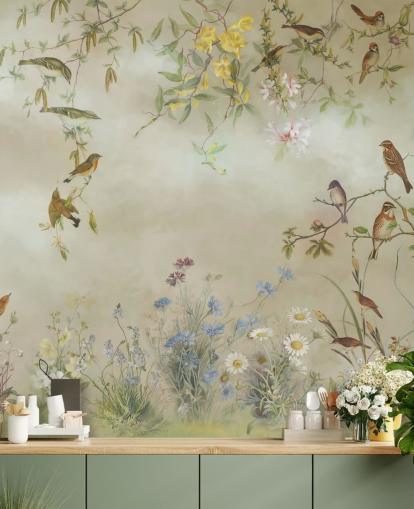 beigefarbene und hellgrüne Blumentapete namens Meadow von Marina Stupakova für Schlafzimmer