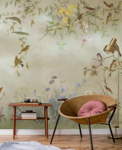 beige en lichtgroene bloemenbehangmuurschildering genaamd Meadow van Marina Stupakova voor slaapkamers