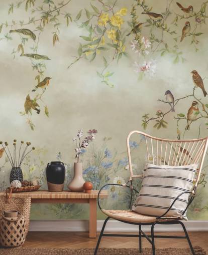 carta da parati murale floreale beige e verde chiaro chiamata Meadow di Marina Stupakova per camere da letto carta da parati murale floreale beige e verde chiaro chiamata Meadow di Marina Stupakova per camere da letto