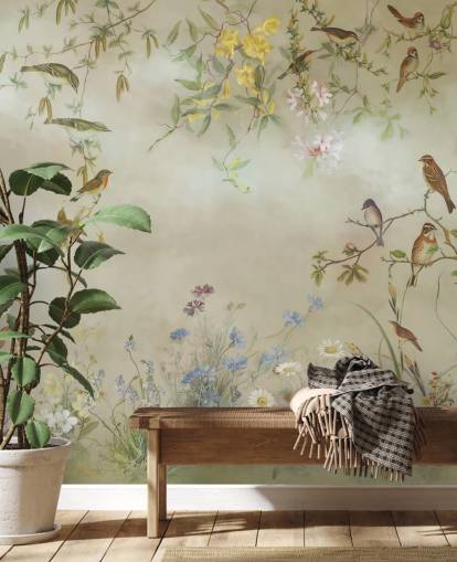 beige and light green floral wallpaper mural called Meadow by Marina Stupakova for bedrooms