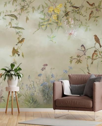 beige og lysegrønn blomstertapet veggmaleri kalt Meadow av Marina Stupakova for soverom beige og lysegrønn blomstertapet veggmaleri kalt Meadow av Marina Stupakova for soverom