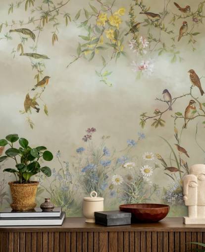 beige en lichtgroene bloemenbehangmuurschildering genaamd Meadow van Marina Stupakova voor slaapkamers