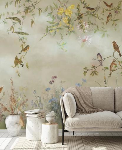 beige en lichtgroene bloemenbehangmuurschildering genaamd Meadow van Marina Stupakova voor slaapkamers