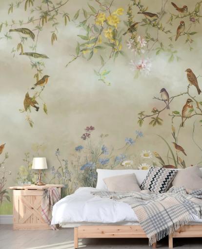 beige and light green floral wallpaper mural called Meadow by Marina Stupakova for bedrooms