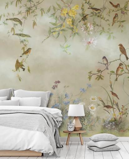 beige and light green floral wallpaper mural called Meadow by Marina Stupakova for bedrooms