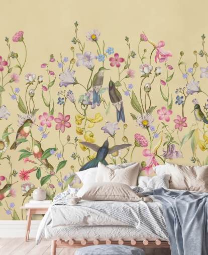 papel de parede de flores e pássaros pastel chinoiserie