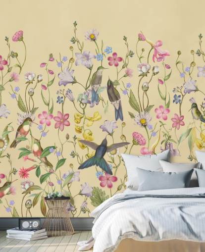 papel pintado chinoiserie pastel flores y pájaros